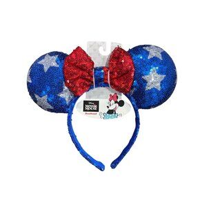 Disney Minnie Mouse Patriotic Sequin Ears Headband With Red Bow & Blue Star Desi
